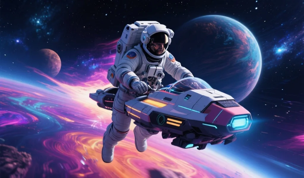 一位身穿宇航服的探险者在浩瀚星空中驾驶飞船穿越绚丽星球,充满科技感和未来氛围